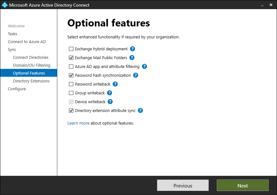 Entra Connect Optional Features pane with Directory extension attribute sync option checked